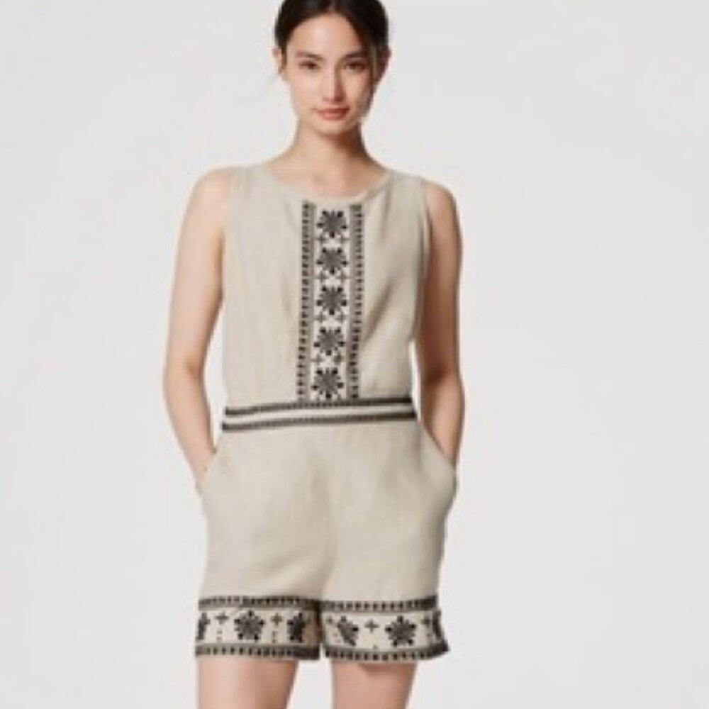 LOFT 100% Linen Embroidered Romper Sleeveless Size Small NEW